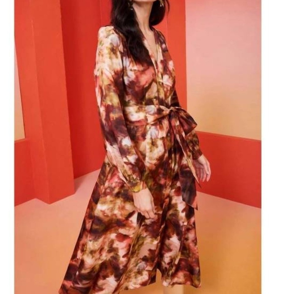 Marie Oliver Tie Waist Abstract Print Button Front Midi Shirt Dress Brown Size S